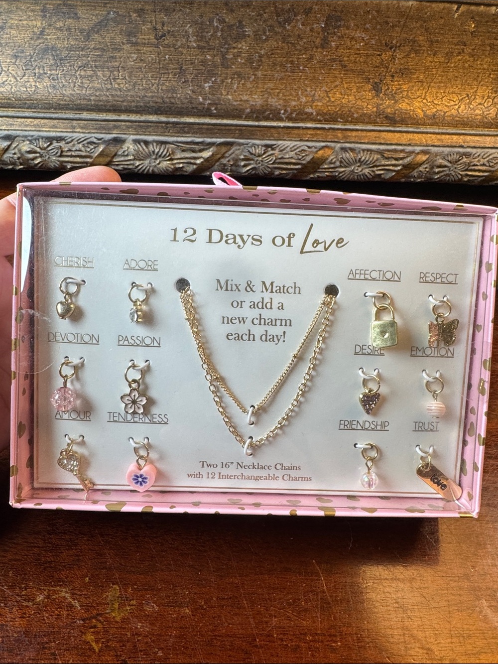 12 Days of Love Gold Charm Necklace Set - Interchangeable Pink & Gold Charms